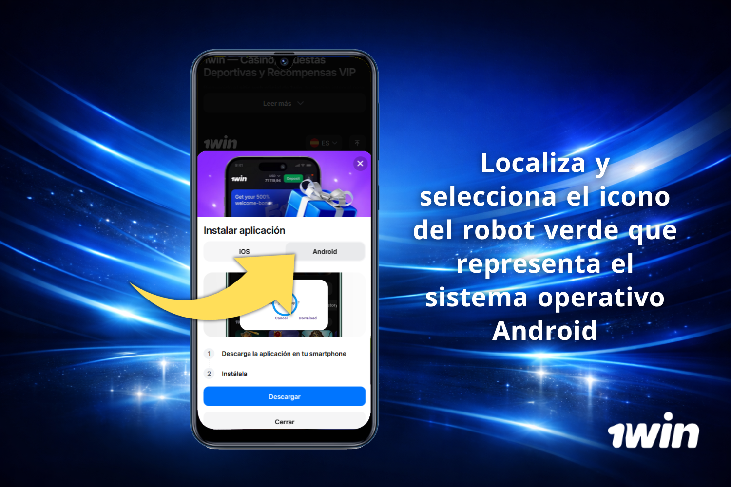Usuario de Argentina en 1Win localiza y selecciona el icono del robot verde de Android