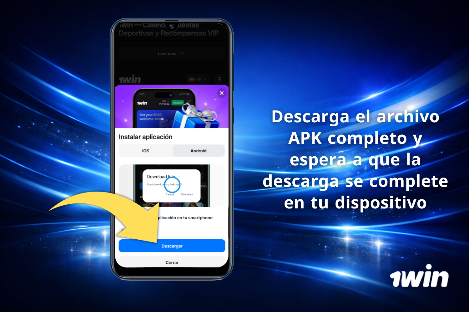Usuario argentino descarga el archivo APK de 1Win Argentina y espera a que la descarga se complete en su dispositivo móvil