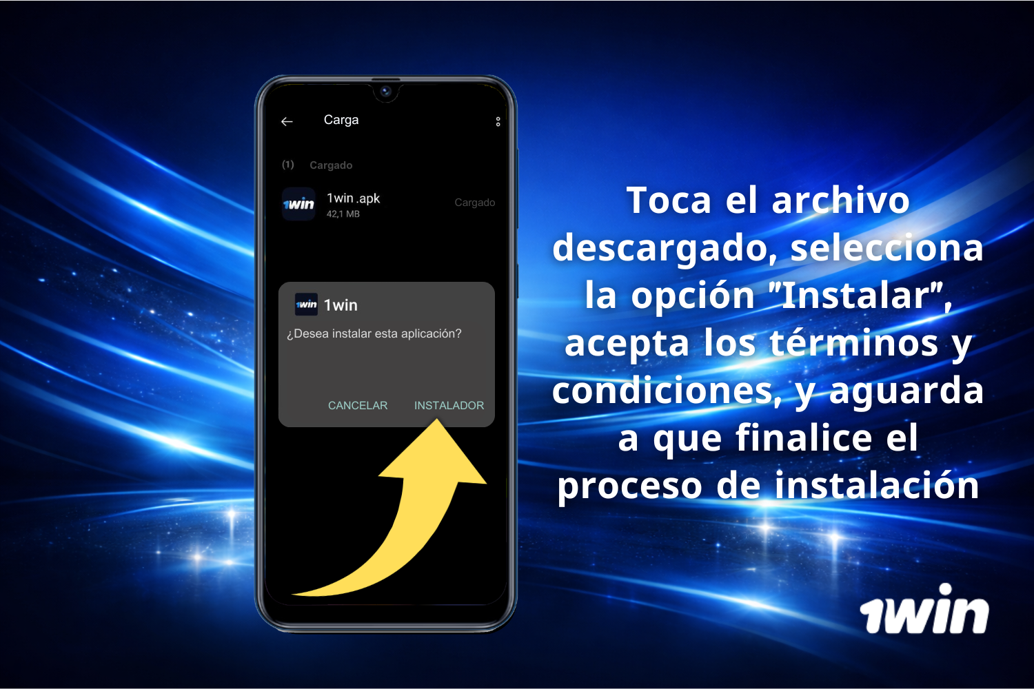Usuario argentino toca el archivo APK de 1Win, selecciona “Instalar”, acepta los términos y completa la instalación en su dispositivo Android en Argentina