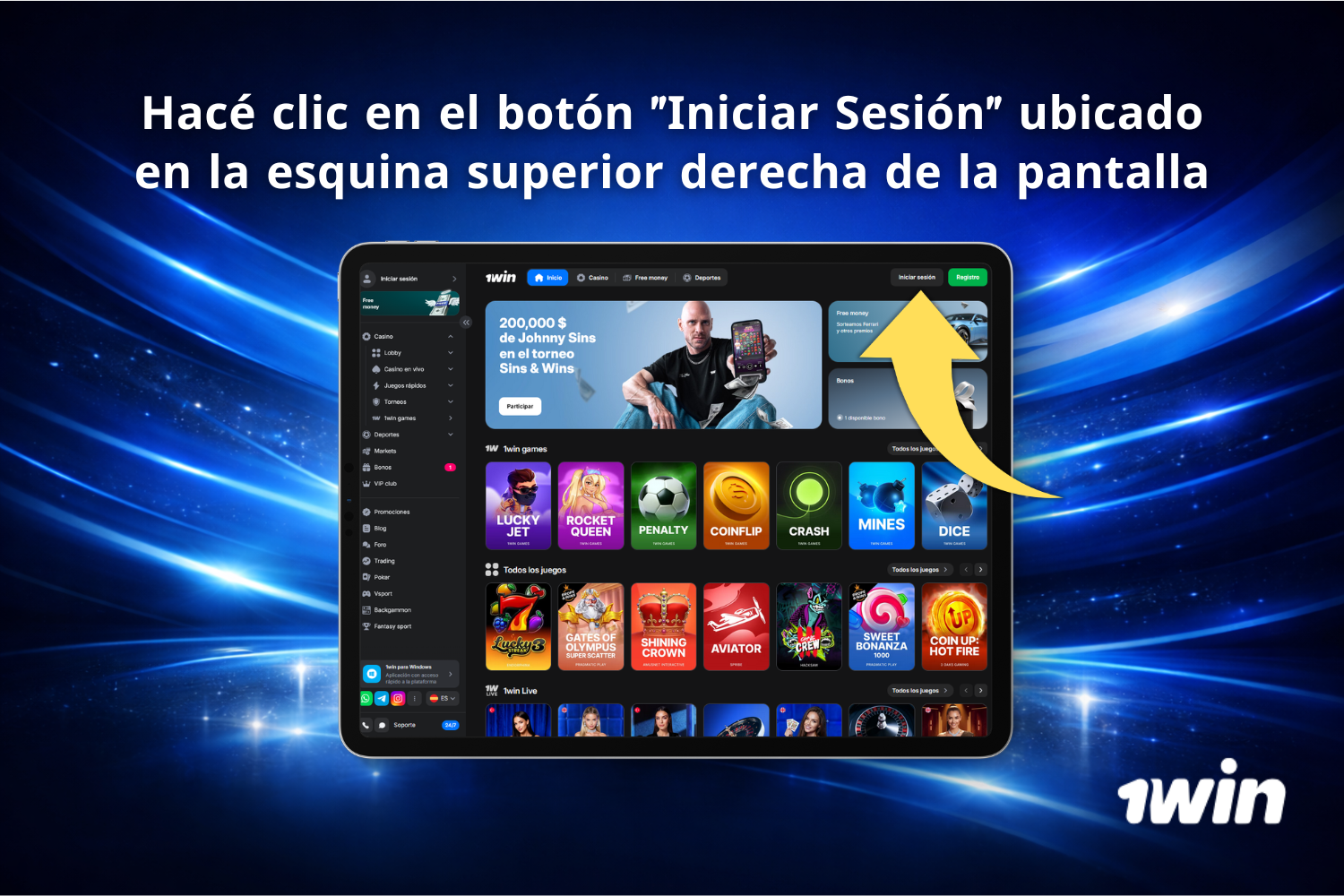 Usuario en 1win hace clic en el botón “Iniciar Sesión” en la esquina superior derecha del sitio de 1win Argentina