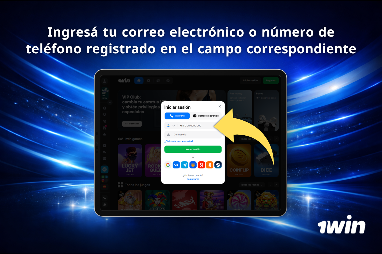 Usuario argentino introduce su correo electrónico o número de teléfono registrado en el formulario de inicio de sesión de 1win Argentina