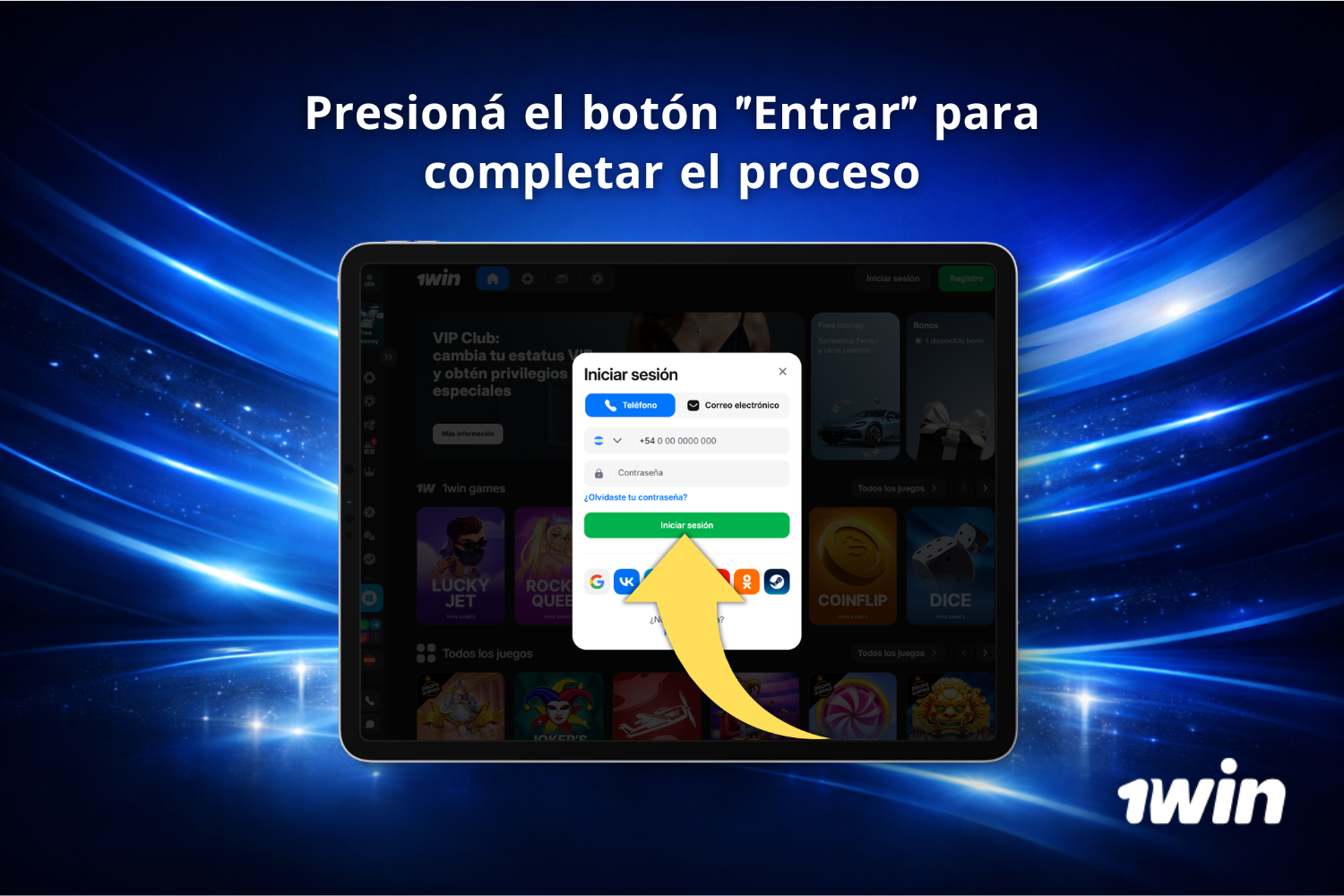 Usuario argentino presiona el botón “Entrar” para completar el inicio de sesión en 1win Argentina