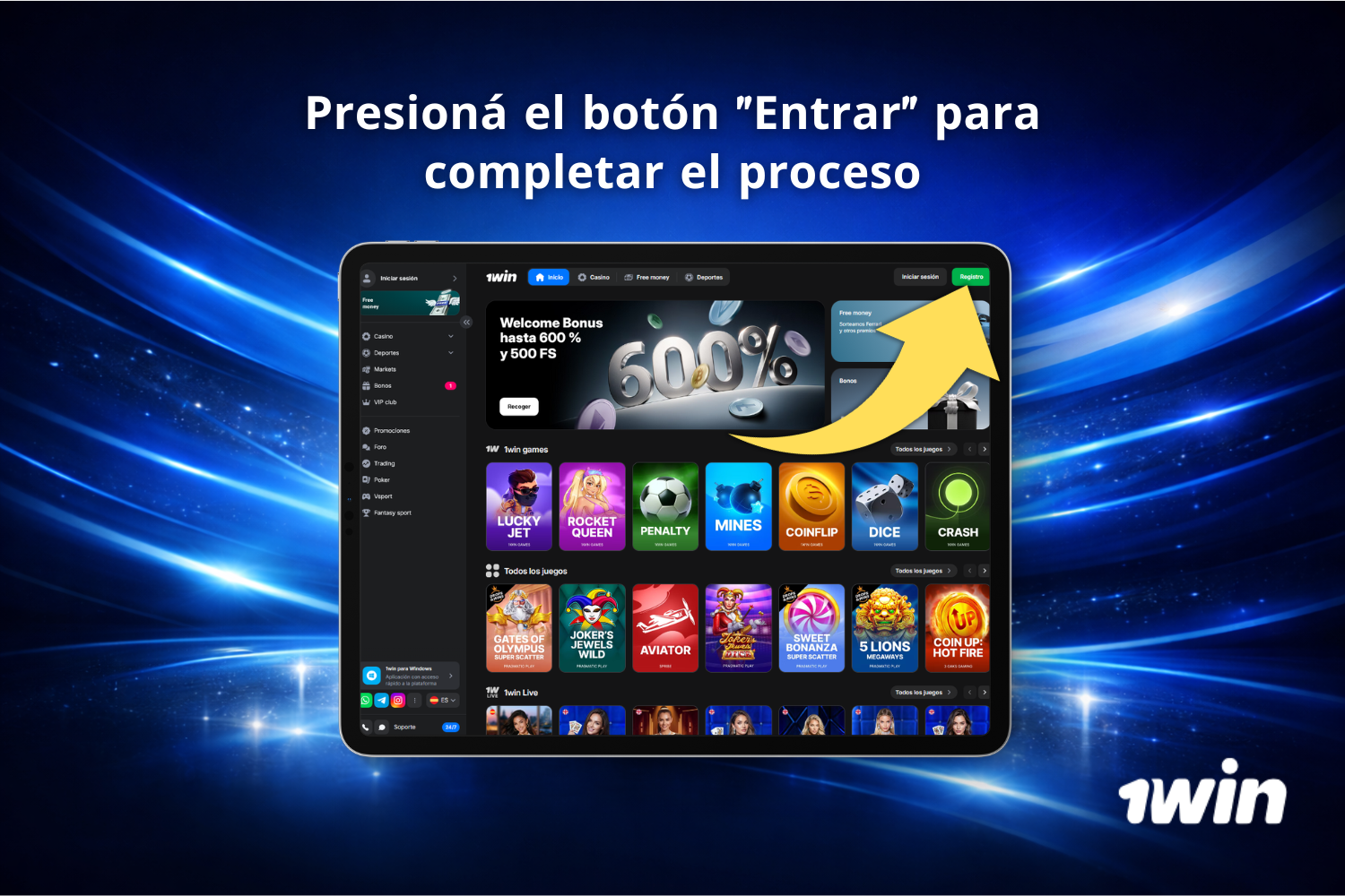 Usuario argentino entra al sitio web de 1win y hace clic en «Registro» para comenzar el proceso de registro en Argentina