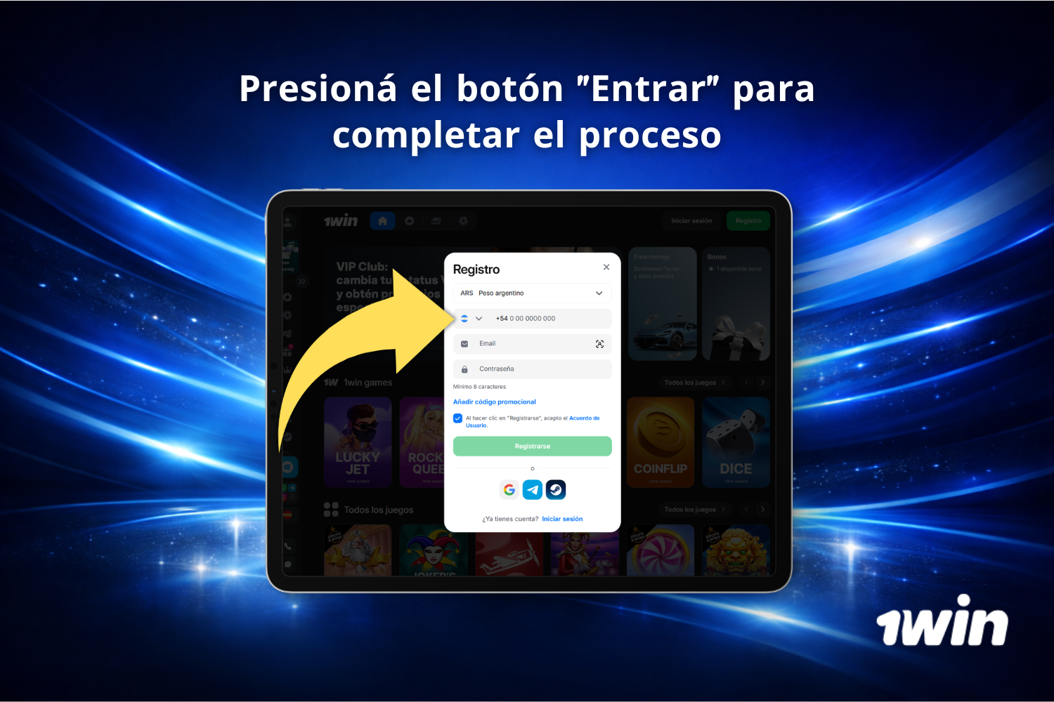 Usuario de Argentina introduce su número de teléfono argentino durante el registro en el sitio de 1win