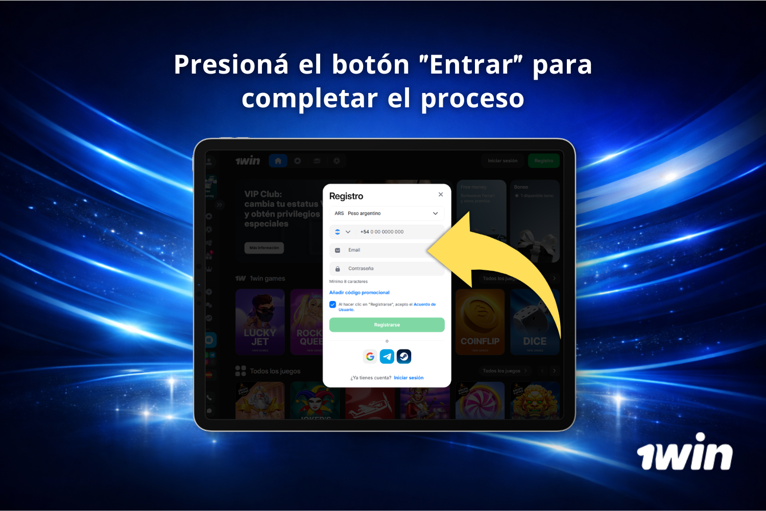 Usuario argentino proporciona su correo electrónico al crear una cuenta en la plataforma 1win desde Argentina