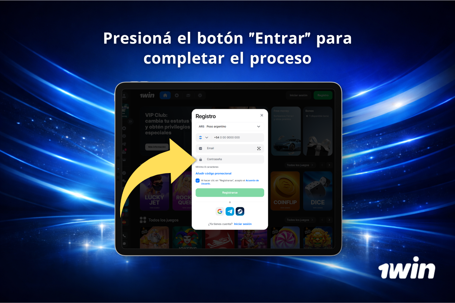 Usuario de Argentina crea una contraseña para su cuenta de 1win durante el proceso de registro