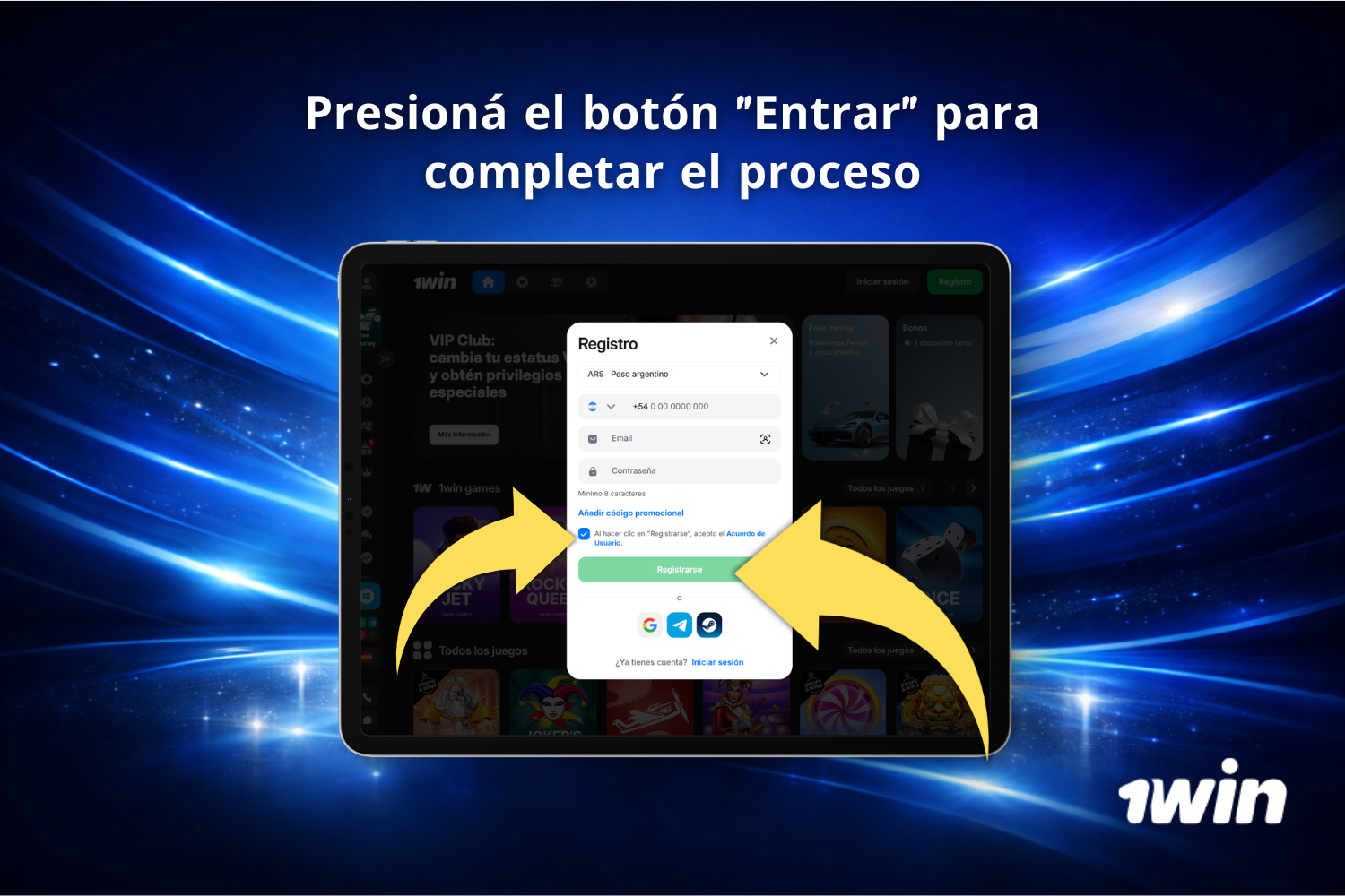 Usuario argentino acepta los términos de 1win y completa el registro en el sitio desde Argentina